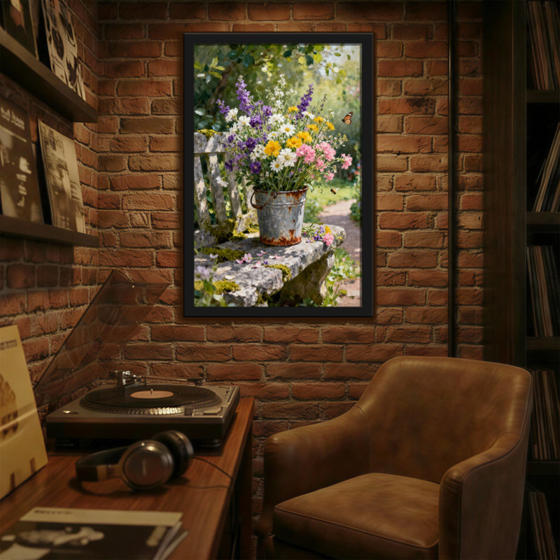 Scène de jardin avec plantes et fleurs sur un banc en pierre, H 18 po x l 12 po