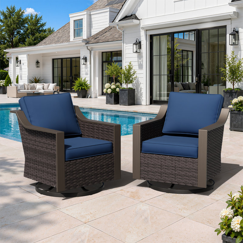  Outdoor Rattan Swivel Rocking Chair With Cushions (Set of 2), Blue