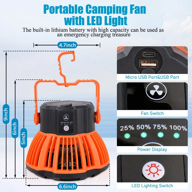 Ventilateur de camping portatif avec lumière DEL, ventilateur de tente USB à pile rechargeable avec lanterne