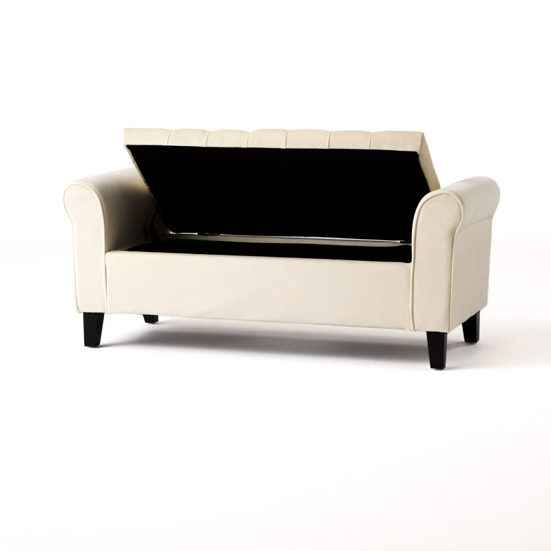 Banc de rangement en tissu au design capitonné et accoudoirs roulés