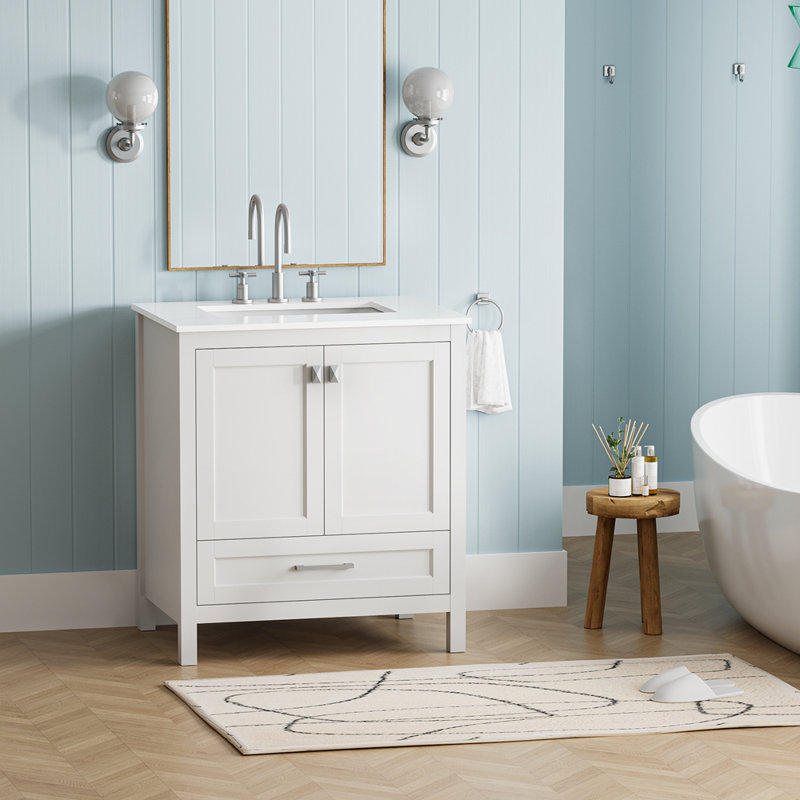 30" Bathroom Vanity With Sink Combo, Fully Assembled Bathroom Sink Cabinet With Marble Countertop, White