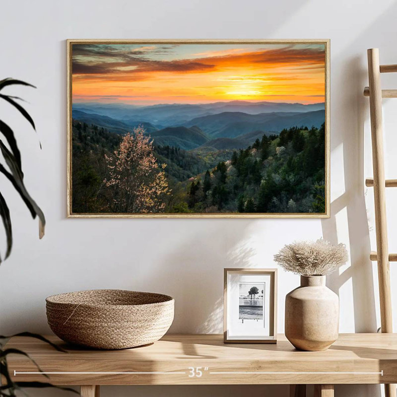 Great Smoky Mountains Sunrise, Floating Frame Natural Wood, 25" X 17"
