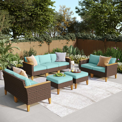 Ensemble de mobilier d'extérieur en osier 9 pièces Argyri, ensemble de patio modulaire avec coussins beiges