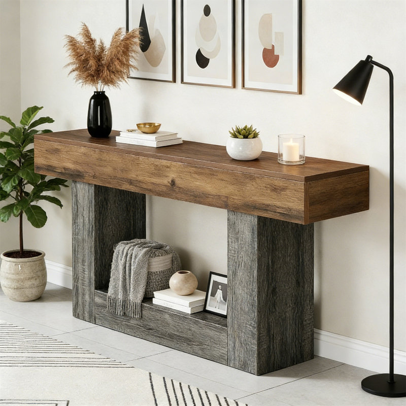 63" Wooden Console Table, Farmhouse 2-Tier Sofa Table Entryway Table, Brown, Gray