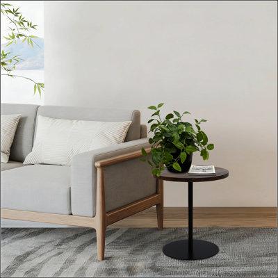 Set Of 2 Small Round Side Tables With Wooden Concentric Circles And Metal Pedestal, Perfect For Corners And Small Spaces, Walnut Brown & Black