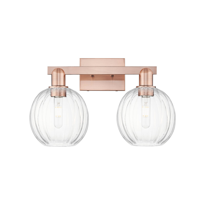 Eldon - Éclairage pour meuble-lavabo à abat-jour sphérique 16 po 2 lumières, Transparent, Cuivre antique