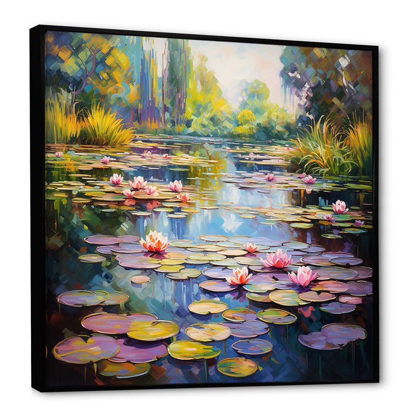 Art mural bleu et vert Monets Lake Reflections 4 - Lake, Cadre flottant noir, 30" H x 30" W