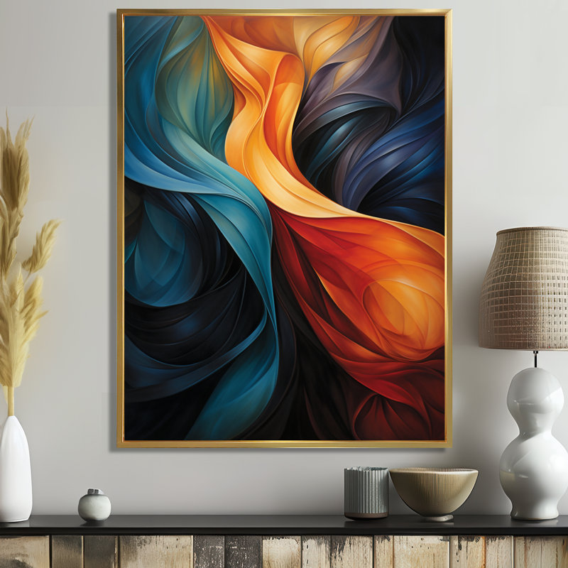 Décoration murale rétro bleu orange liquide - Vagues, H 44 po x l 34 po x P 1,5 po, Toile avec cadre flottant or