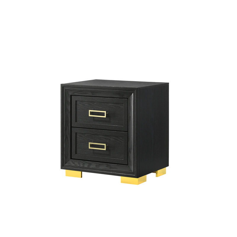 Table de chevet moderne 2, noir avec détails en métal doré pour table de chevet et détails de chambre à coucher