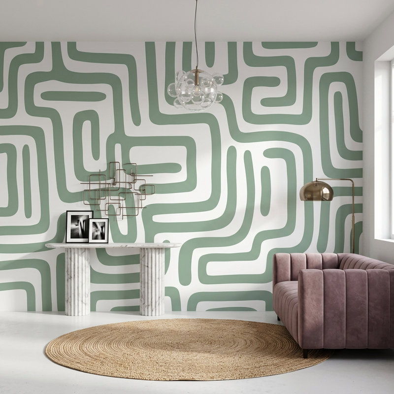 Papier peint blanc avec motif abstrait moderne Mid Century, 200 po x 120 po, Peler et coller