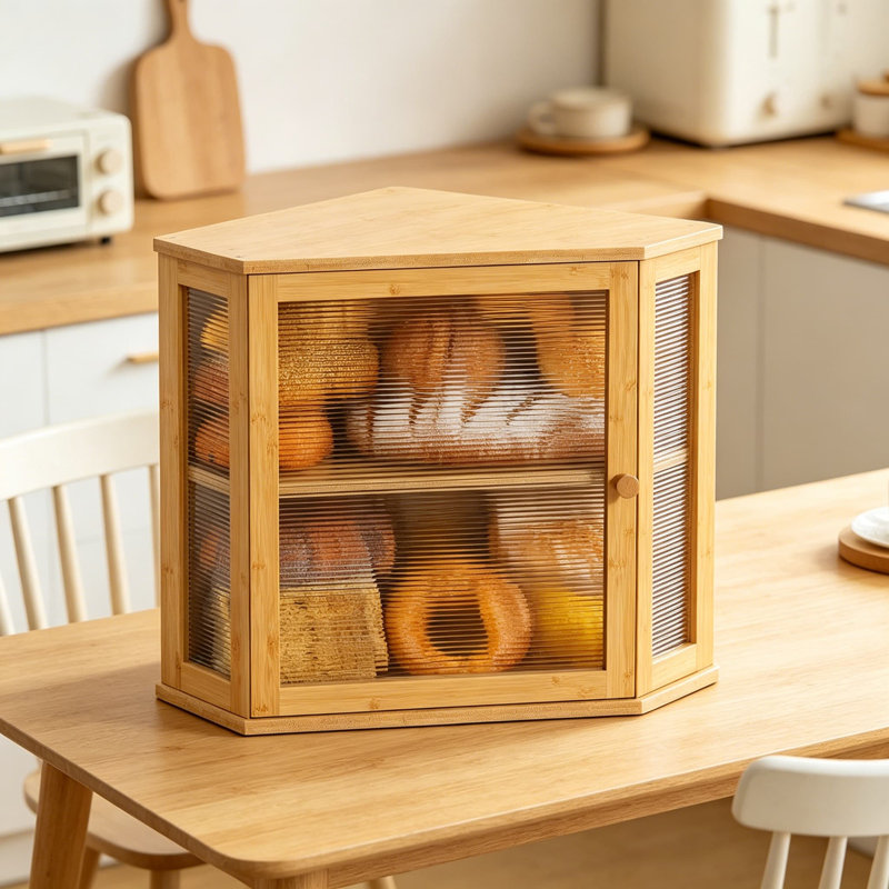 Boîte à pain en bambou pour comptoir de cuisine, rangement à pain en bois à 2 niveaux avec porte en verre acrylique, Yellow