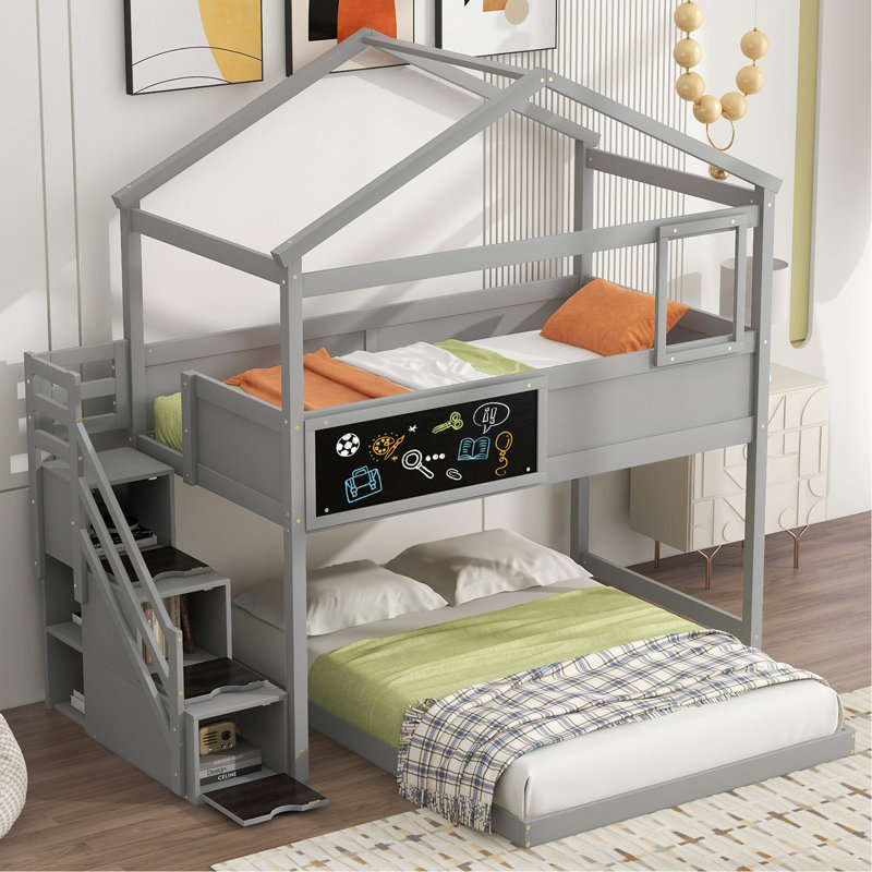 Lit superposé simple au dessus d'une chambre double avec escalier de rangement et tableau noir, gris, Gray