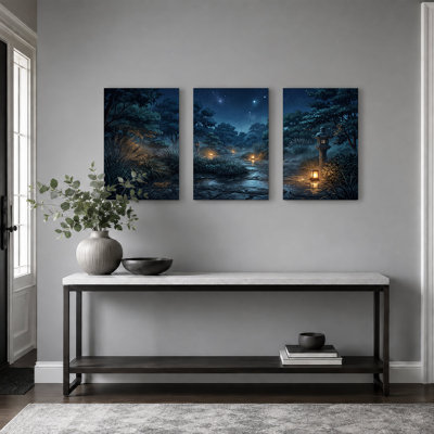 Chemin de jardin nocturne avec lanternes en pierre et étoiles, ensemble de 3 toiles