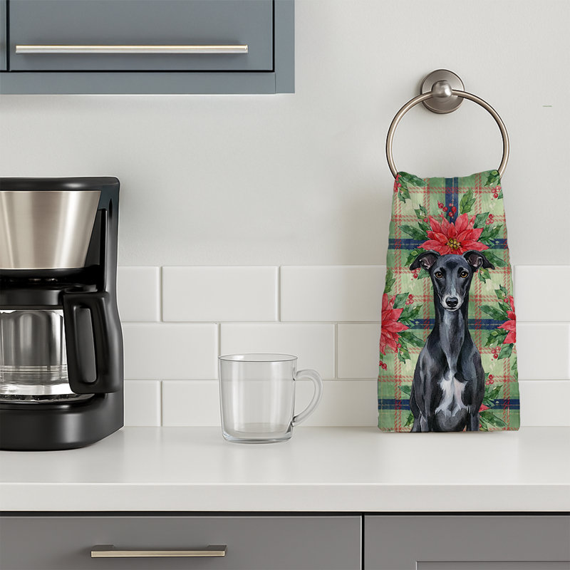Black Whippet Christmas PoinsettIas Kitchen Towel, Black Whippet
