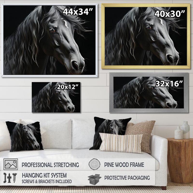 Black White Horse Portrait - Animals Canvas Prints, Toile tendue, H 34 po x l 44 po x P 1,5 po
