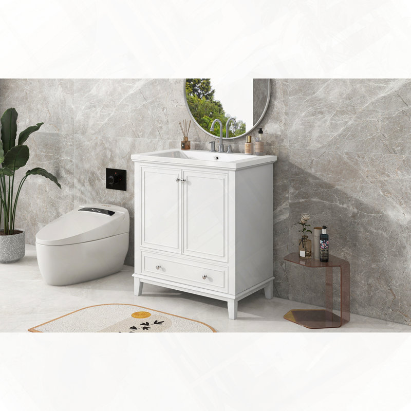 Ensemble de meuble-lavabo de salle de bain avec lavabo et porte d'armoire multifonctionnelle, Blanc