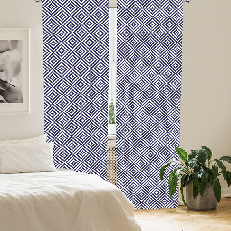 Pale Blue and Dark Blue Geometric Polyester Curtain Panels