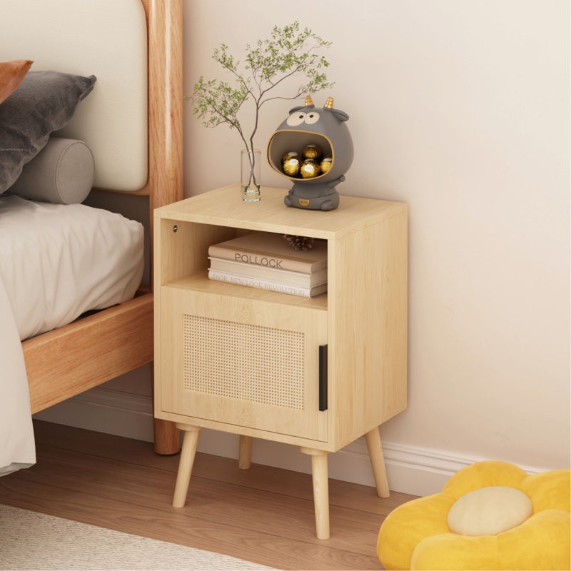 22.8" Oak Rattan Nightstand With Door And Open Shelf, Accent Side Table For Bedroom Or Small Spaces