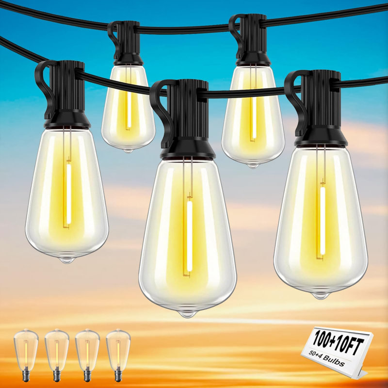 100+10FT Outdoor String Lights with Remote, Dimmable Patio Lights for Outside with 32+2 Bulbs