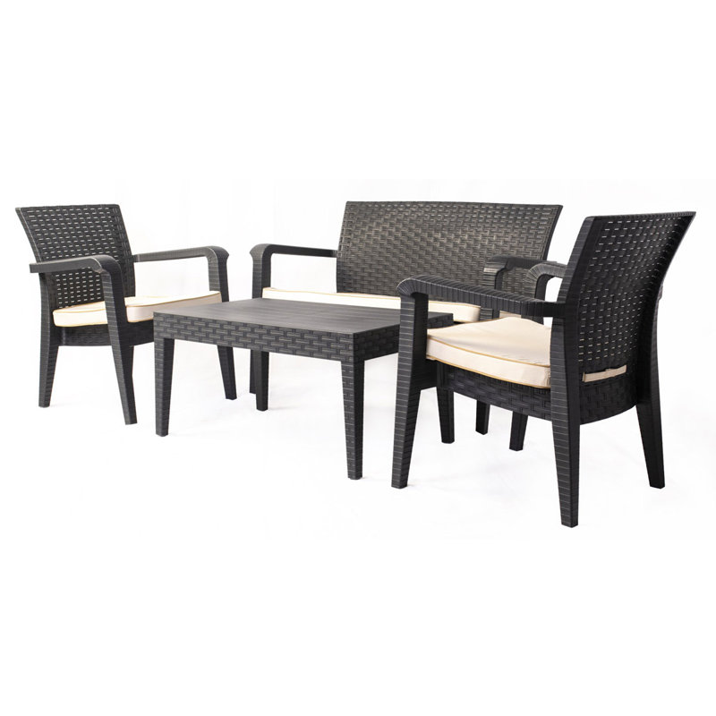 4 - Person Patio Conversation Set with Cushions, Black, Cream