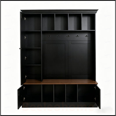 62.2''W Farmhouse Hall Tree with Shoe Storage Bench, Entryway Coat Rack with 5 Hooks, Adjustable Shelf Cabinet with Drawers for Hallway, Entryway, Living Room