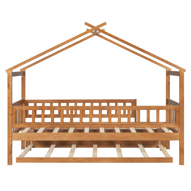 Zhayne Wooden House Bed with Trundle, Twin, Walnut
