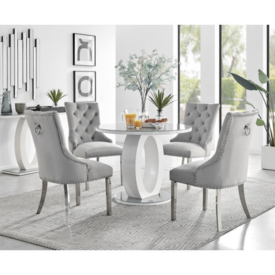Scottsmoor Modern High Gloss & Glass Dining Table with 4 Luxury Velvet Dining Chairs