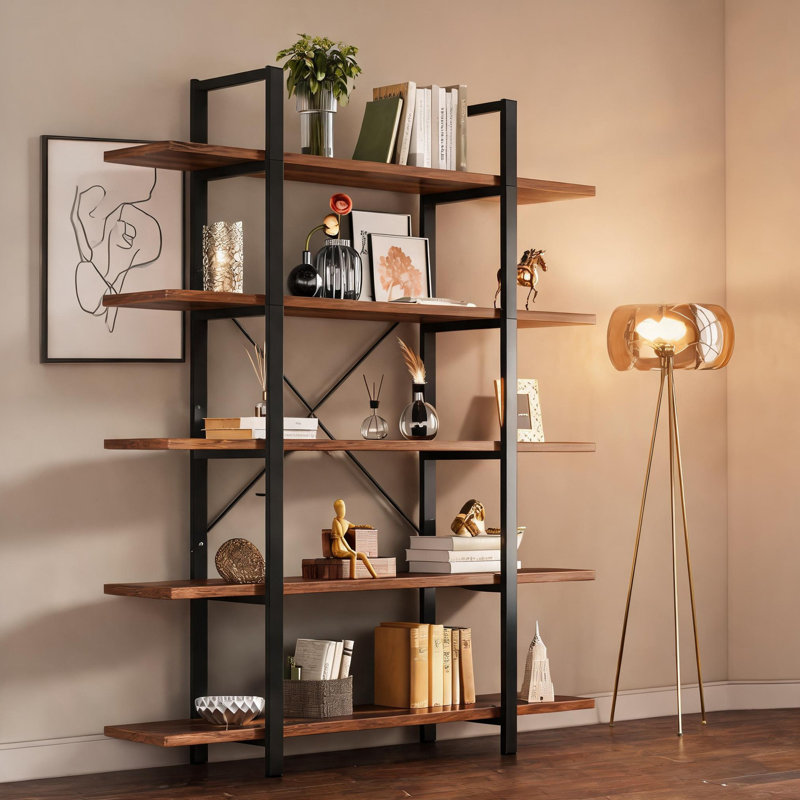 Study and Bedroom Storage 5-Tier Open Floor Bookshelf, Classic Brown, Engineered Wood and Steel Construction