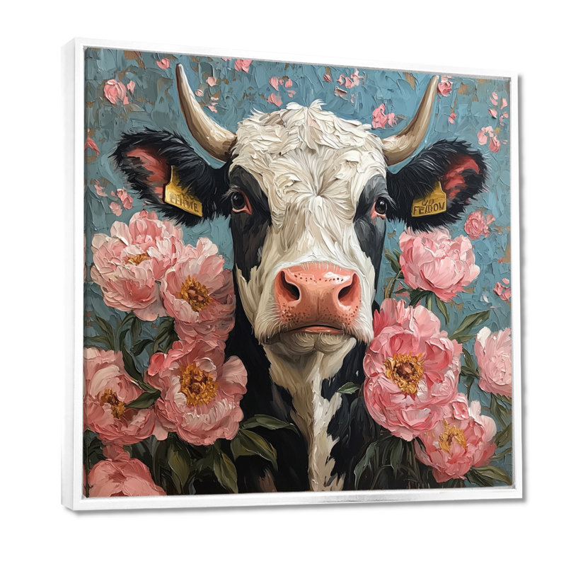 Vache, peinture avec pivoines II - impression sur toile encadrée, H 16 po x l 16 po, Impression encadrée flottante, Blanc