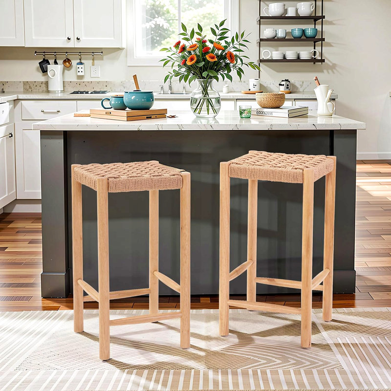 Ensemble de 2 tabourets de bar industriels de 26,4 po de hauteur - sièges en corde de papier kraft, pieds en bois d'hévéa et pieds réglables