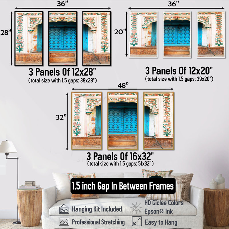 Porte bleue indienne traditionnelle - ensemble d'art mural sur toile rétro encadré de 3, H 20 po x l 36 po x P 1 po, Blanc