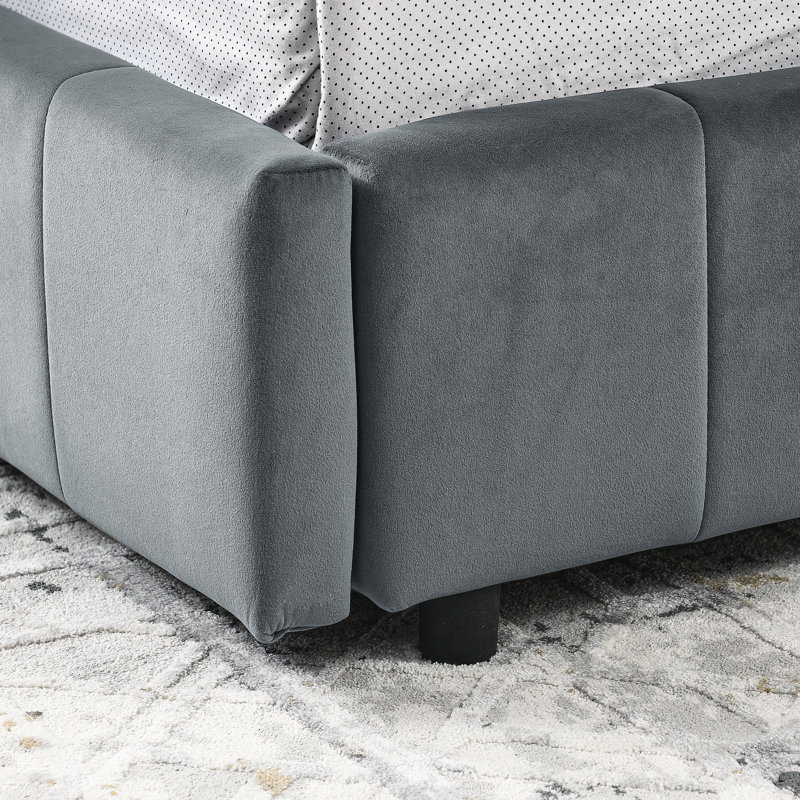 Full Size Bed Frame With Velvet Upholstery And Storage Shelf, Comfortable For Bedroom Living Room Extra Storage, In Grey Space