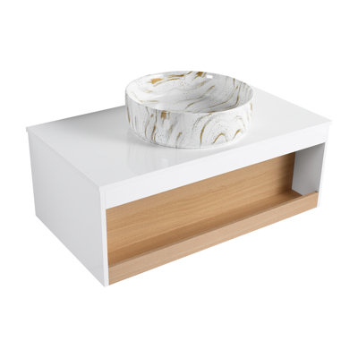  Meuble-lavabo flottant 36 po, lavabo vasque en marbre veiné doré, chêne clair et blanc