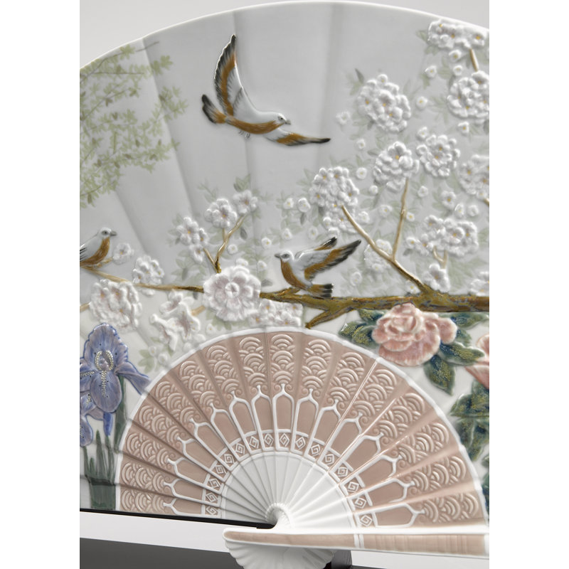 Spring Blossom Porcelain Fan with Iris and Cherry Flowers
