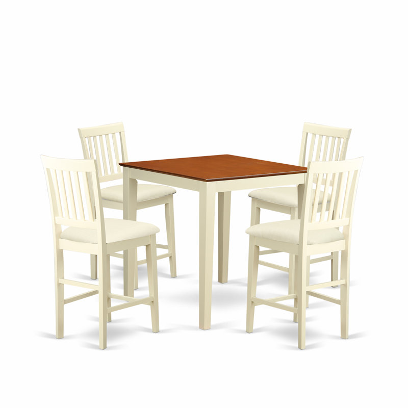 Ensemble de salle à manger 5 pièces à hauteur de comptoir comprenant une table de salle à manger carrée et 4 chaises de cuisine en tissu de lin, babeurre et cerise