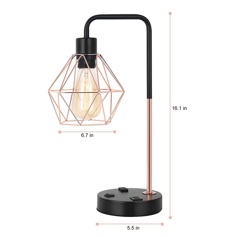 16.1" Black Arched Table Lamp with USB, Rose Gold