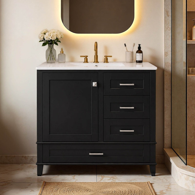 Meuble-lavabo simple 36 po avec plateau en céramique, Noir, noir, noir, noir
