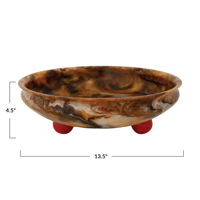 Round Marbled Resin Decorative Bowl with Red Ball Feet