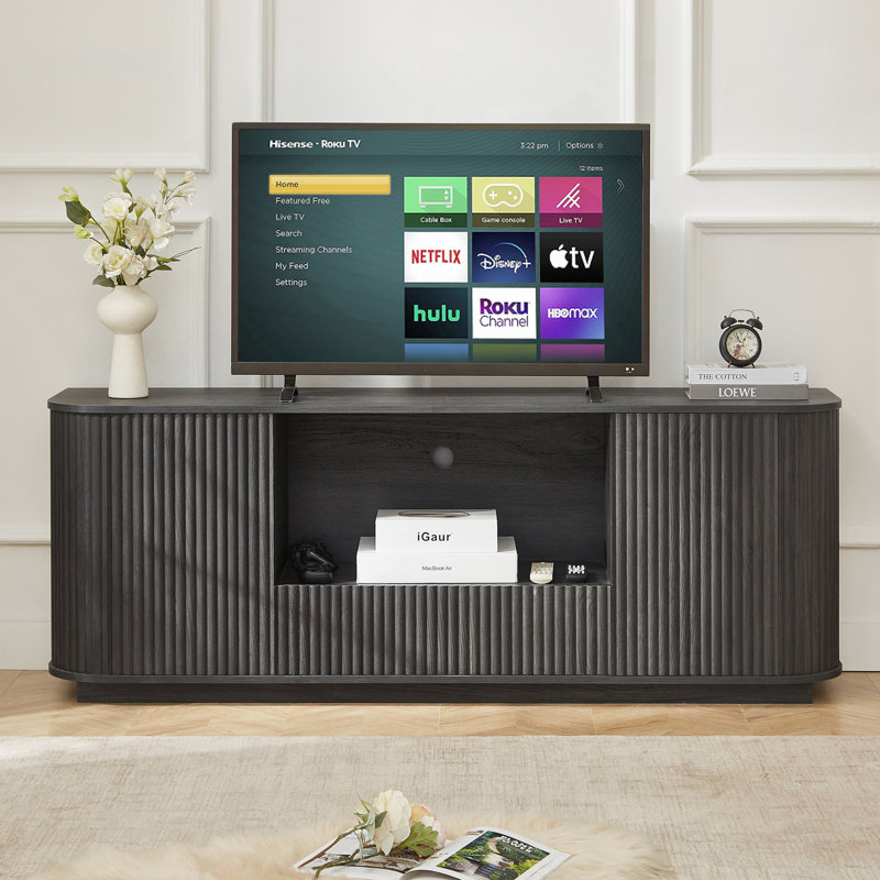 64-Inch Wavy TV Stand, Rounded Sideboard, Storage Cabinet, Wooden Vertical Stripe Cabinet For Living Room/Bedroom/Entryway. Black,64''W X 15''D X 24''H.