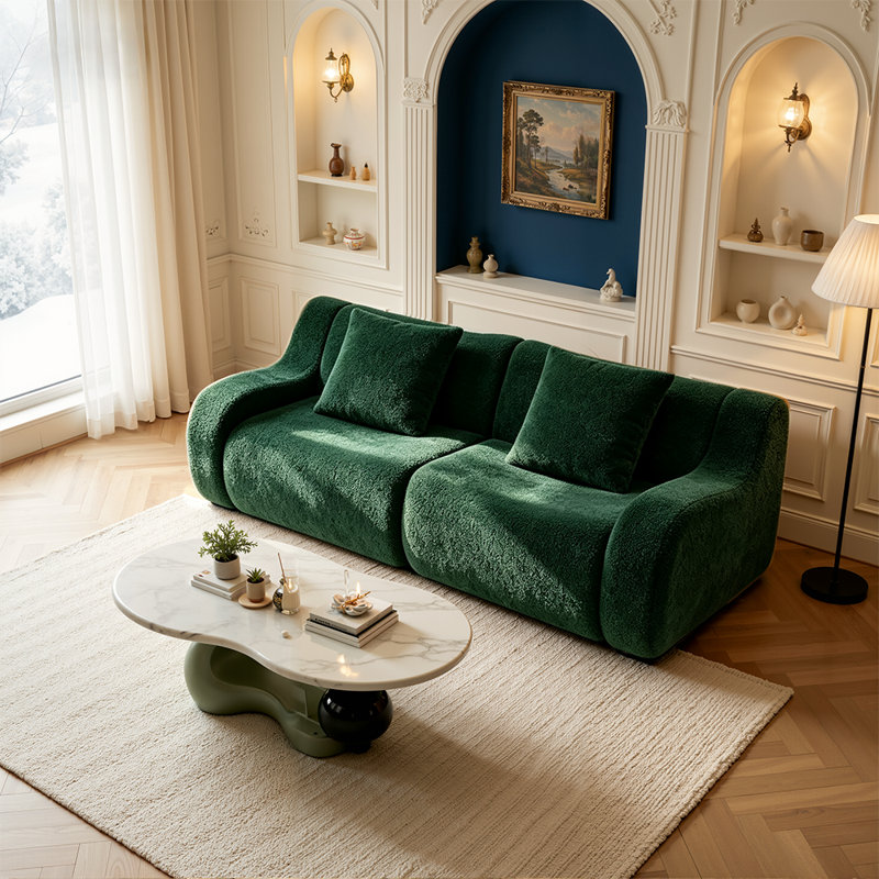 Canapé d'angle modulaire sans structure, recouvert de tissu effet peluche, livré monté, avec mousse haute densité 32D., Vert