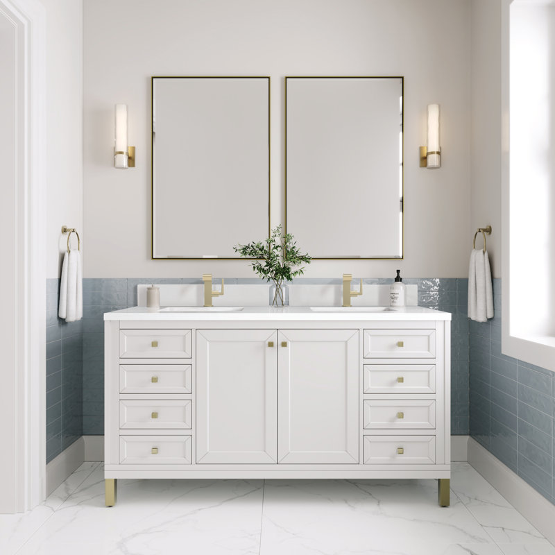 Chicago 60'' W Double Vanity, 8" Widespread, Charcoal Soapstone, Glossy White