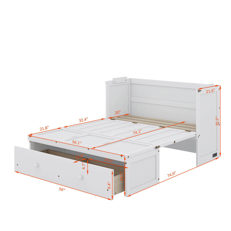 Lit escamotable avec port USB et tiroir, Blanc, Lit double