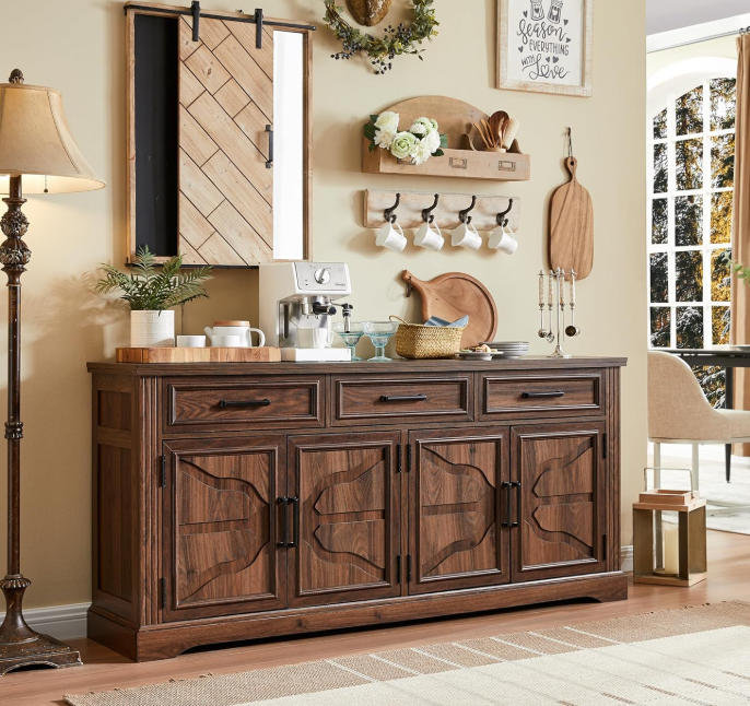 66" Modern Farmhouse Sideboard Buffet – Embossed 3 Drawers & 4 Doors, Coffee Bar for Dining Kitchen, Brown