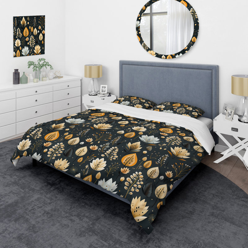 Ensemble de housse de couette floral jaune et noir, Housse de couette pour grand lit et 2 taies décor
