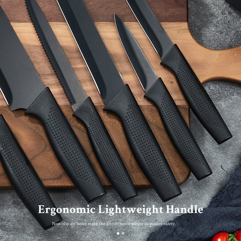 Ensemble de couteaux, ensemble de 14 couteaux de cuisine avec bloc et affûteur, lames affûtées sans effort, couteaux de cuisine de qualité supérieure inclus et 6 couteaux à steak dentelés, noir, va au lave-vaisselle