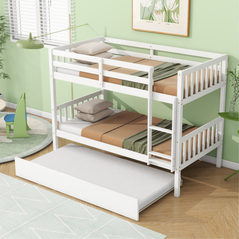 Sotion Kids Bunk Bed with Trundle, White, Twin Over Twin