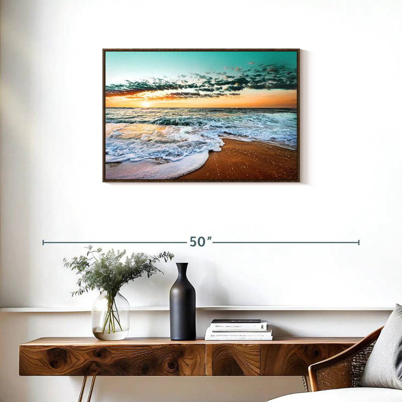 Plage rétro de Cancun, Cadre flottant noyer, 31 po x 21 po