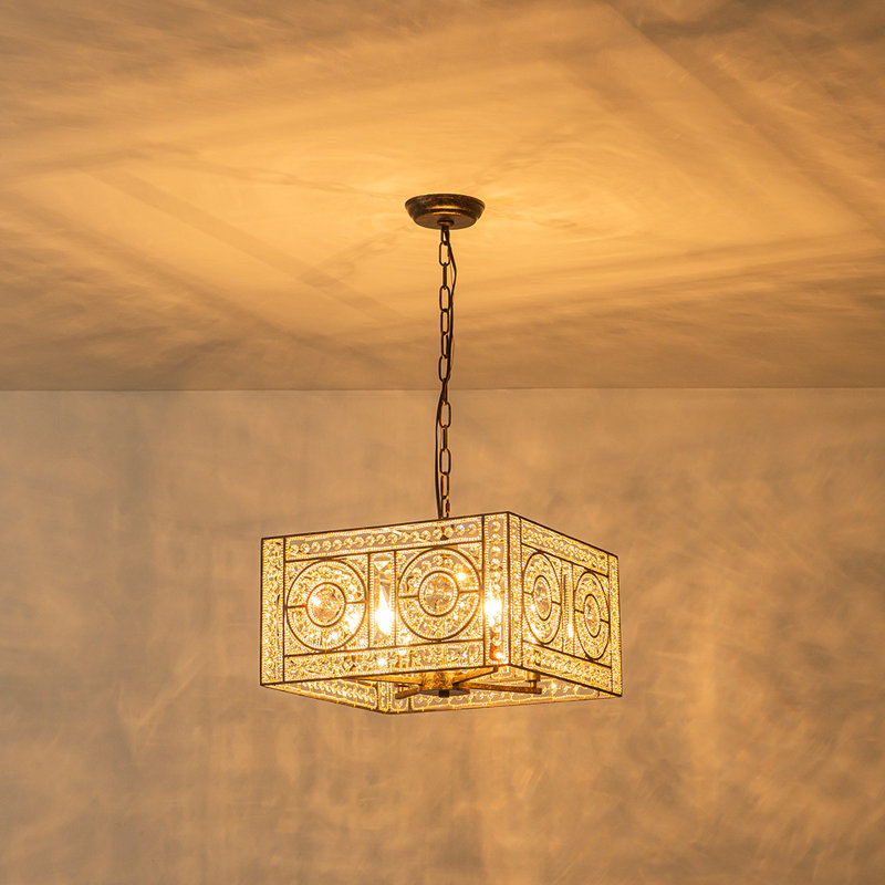 Lustre carré rétro géométrique à 4 lumières avec cristal