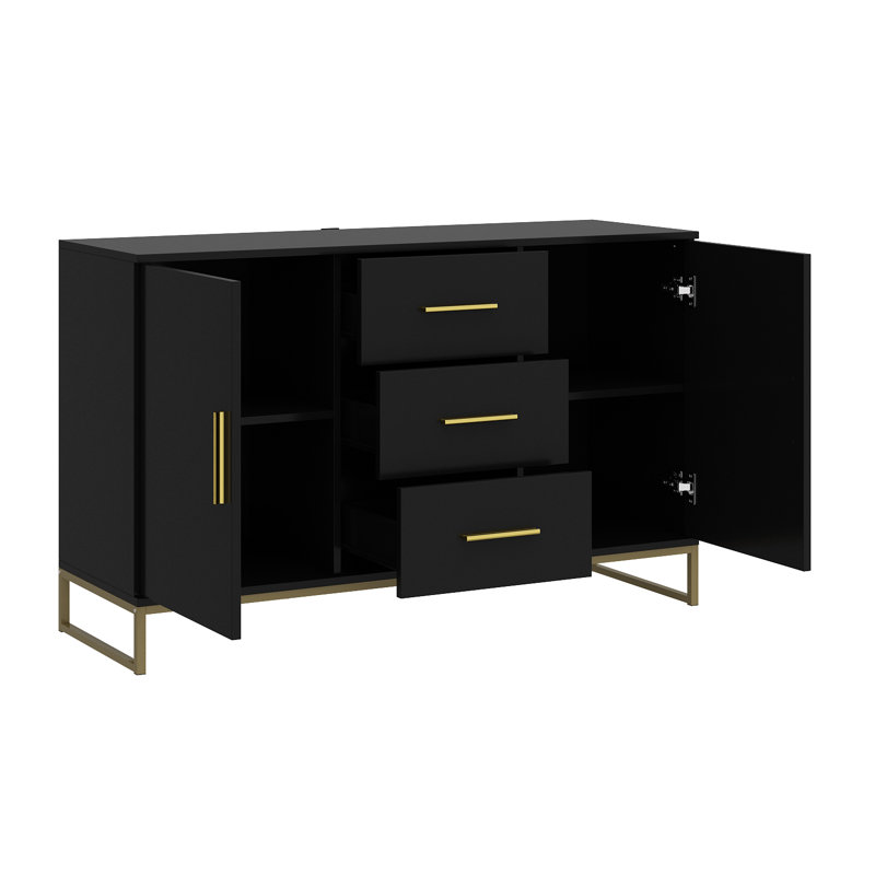 Armoire de rangement décorative à 3 tiroirs et 2 portes avec bureau large, pieds et poignées en métal