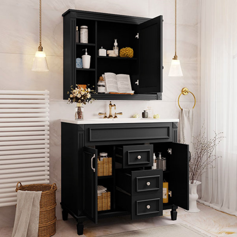 Meuble-lavabo de salle de bain avec lavabo supérieur, armoire à miroir, armoire de rangement moderne avec 2 portes à fermeture douce et 2 tiroirs, meuble-lavabo simple